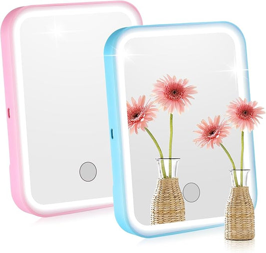 Sintuff 2 Pcs Light Up Locker Mirror Accessories Rectangular Magnetic Mirror for Locker, Bathroom, Household Refrigerator, Workshop Toolbox or Cabinet(Pink, Blue)