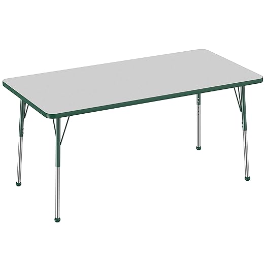 FDP Rectangle Activity School and Office Table (30 x 60 inch), Standard Legs with Ball Glides, Adjustable Height 19-30 inches - Gray Top and Green Edge