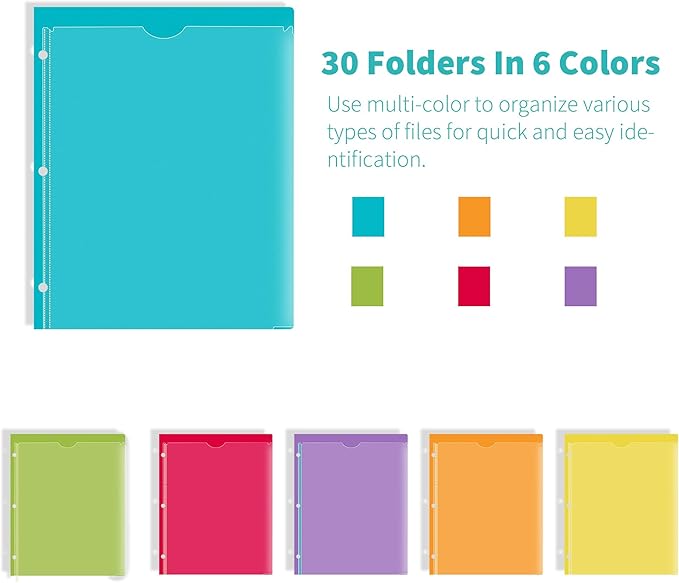Binditek 30 Pack Heavyduty Plastic Folders with Clear Front Pockets, 2-Pocket Folders with Card Slot, 3 Hole Punched for Letter Size, for 3 Ring Binder, 6 Assorted Colors