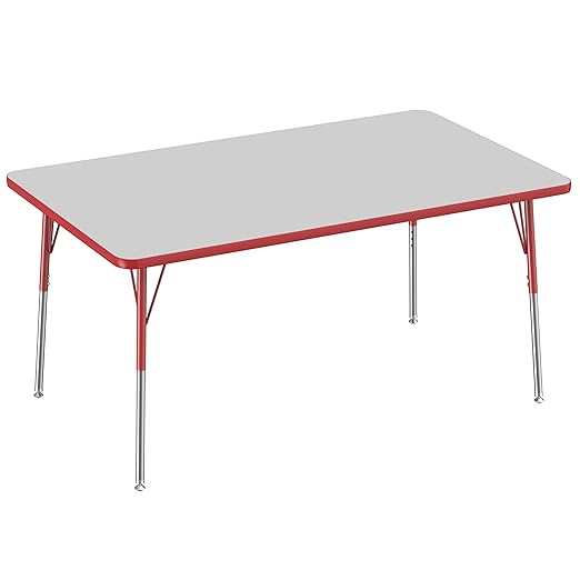 FDP Rectangle Activity School and Office Table (36 x 60 inch), Standard Legs with Swivel Glides, Adjustable Height 19-30 inches - Gray Top and Red Edge