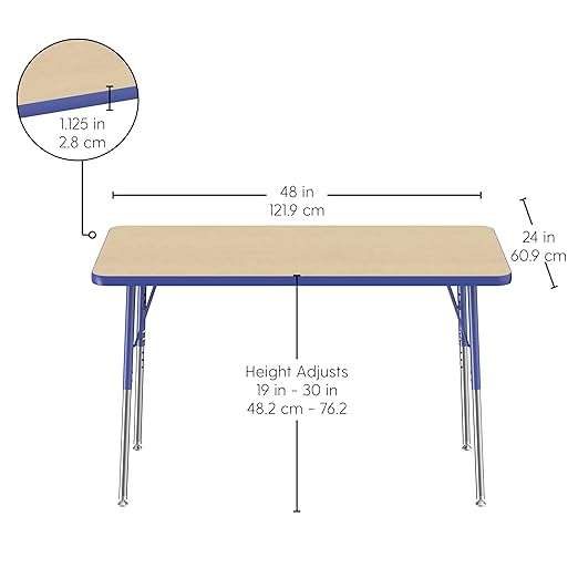 FDP Rectangle Activity School and Office Table (24 x 48 inch), Standard Legs with Swivel Glides, Adjustable Height 19-30 inches - Maple Top and Blue Edge
