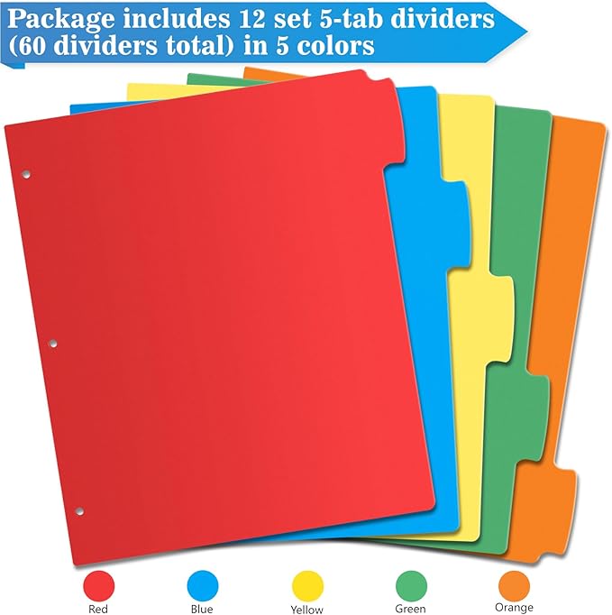 Jyusmile 12 Set Binder Dividers with 5 Tabs, Index Dividers for 3 Ring Binder, Multicolor Plastic Dividers with 3 Punch Holes, 60 Pcs Dividers for School & Office Supplies