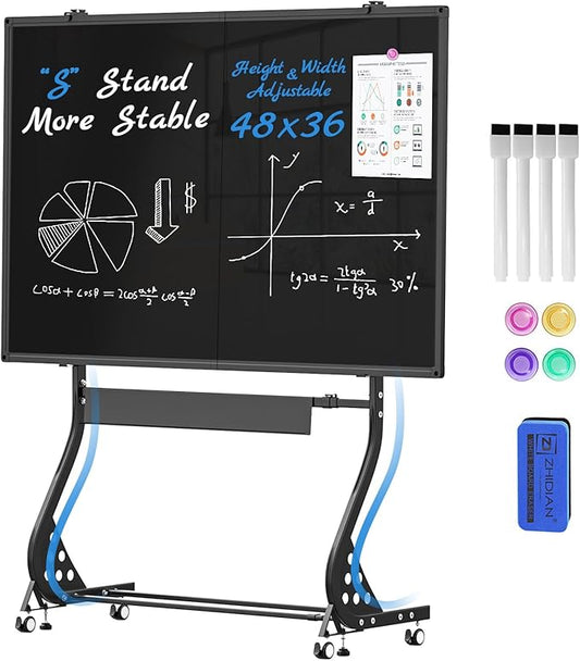 Rolling Chalkboard Black Dry Erase Board 48x36 with Height & Width Adjustable Stand, Large Portable Magnetic Double-Sided Whiteboard on Wheels, Mobile Standing Easel Blackboard for Office