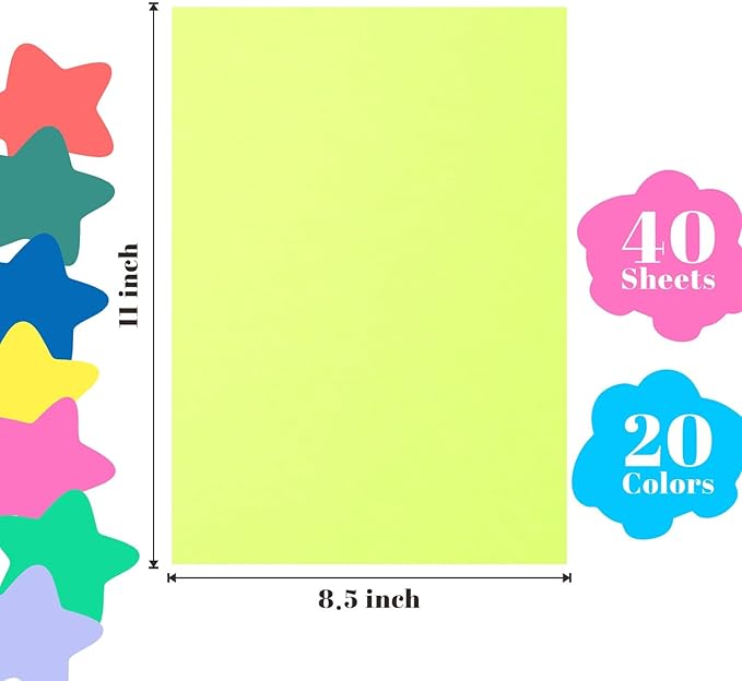40 Pack Colored Cover Cardstock, 8.5 x 11 Inch, 20 Assorted Colors, 180 GSM / 65 lb Thick Construction Paper for DIY Crafts, Card Making, Scrapbooking, Cricut, School Supplies, Printer & Office Use