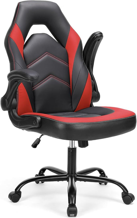 DUMOS Gaming Ergonomic Office Chair for Adults, Height Adjustable Computer Desk Chair with Flip-up Armrests, PU Leather Swivel Video Game Chair with 360° Rolling Wheels, Red