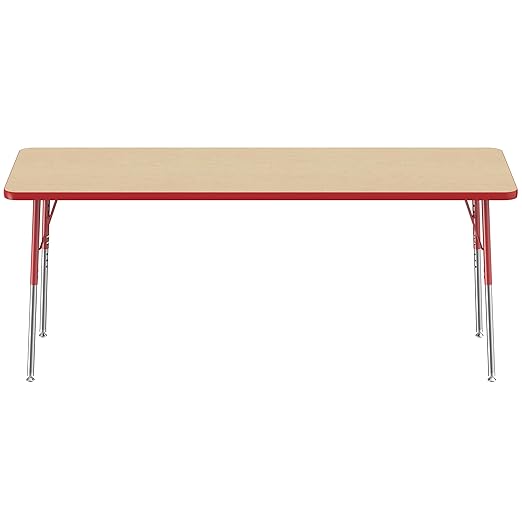 FDP Rectangle Activity School and Office Table (24 x 72 inch), Standard Legs with Swivel Glides, Adjustable Height 19-30 inches - Maple Top and Red Edge
