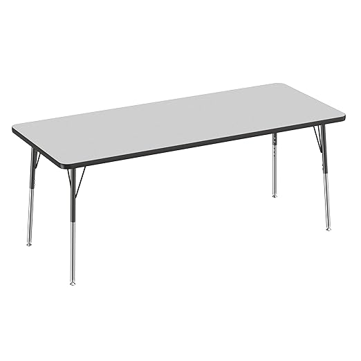 FDP Rectangle Activity School and Office Table (30 x 72 inch), Standard Legs with Swivel Glides, Adjustable Height 19-30 inches - Gray Top and Black Edge
