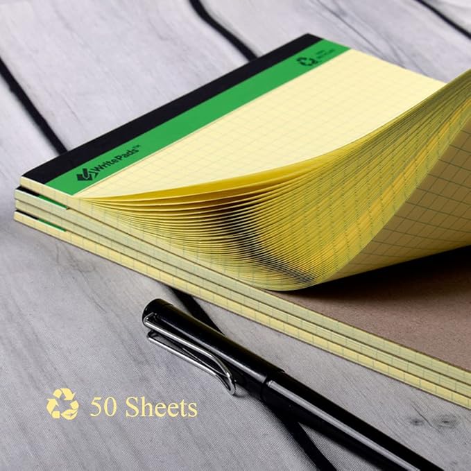 KAISA Graph Paper Legal Pads Writing Pads Recycled Paper 8.5"x11.75" Quad Ruled 4x4 Perforated 50 sheets/pad Grid Paper Yellow Notepads Writing Tablet For Office Supplies (Canary 6pad, 8.5x11.75'')