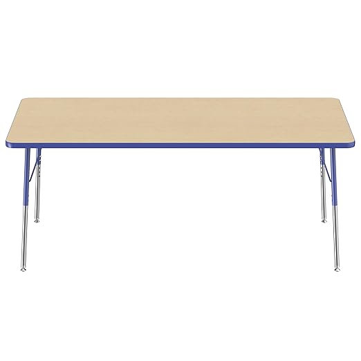 Factory Direct Partners FDP Rectangle Activity School and Office Table (36 x 72 inch), Standard Legs with Swivel Glides, Adjustable Height 19-30 inches - Maple Top and Blue Edge