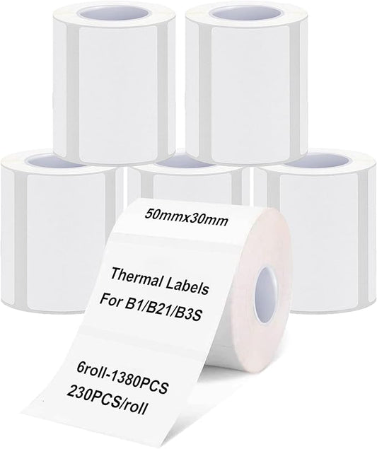 Labels Tape, 6 Rolls(1380PCS) Thermal Label Sticker for B21/B3S/B1 Printer Waterproof Sticker Paper Business Shipping Address Labeling Replacement with Self-Adhesive (50 x 30mm-230PCS)