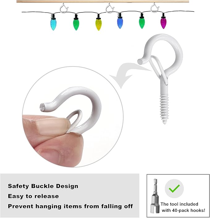 PlusRoc 40 Pack Outdoor Hooks for Hanging Plants Planters String Lights Screw in, 2.2 Inch White Cup Hooks Eye Hook Q-Hanger, with Wing Nut Driver, Wall and Ceiling Fence Deck Mount