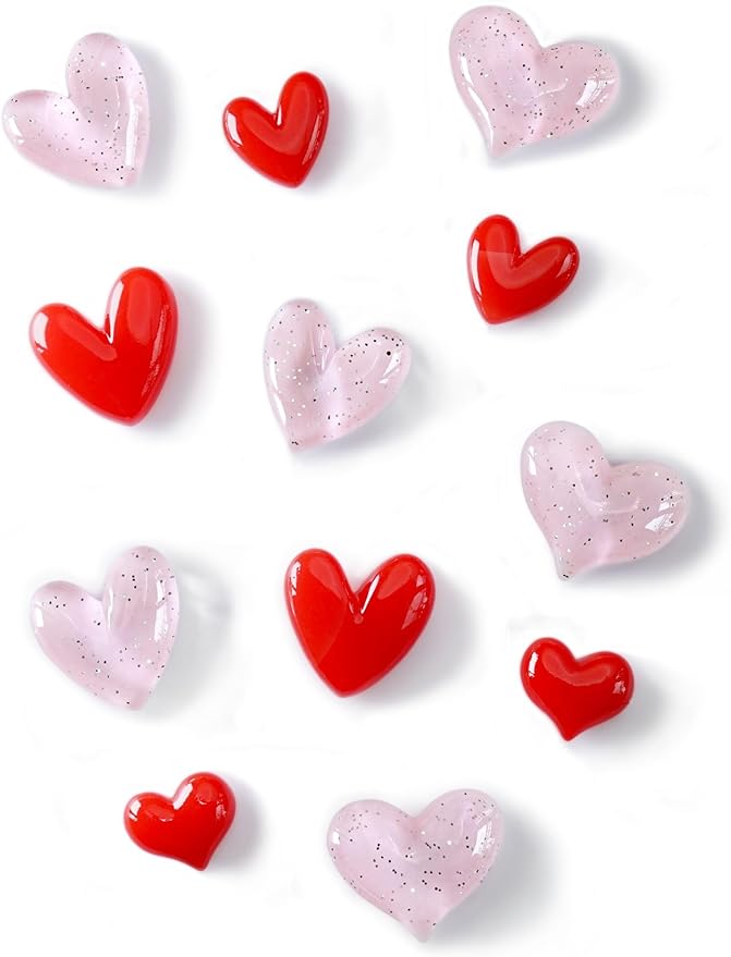Mymazn 12Pcs Fridge Magnets Cute Refrigerator Magnet, Colorful Magnets for Whiteboard Cabinet Locker, Heart Decorative Magnets for Classroom Kitchen Office (Pink Red)