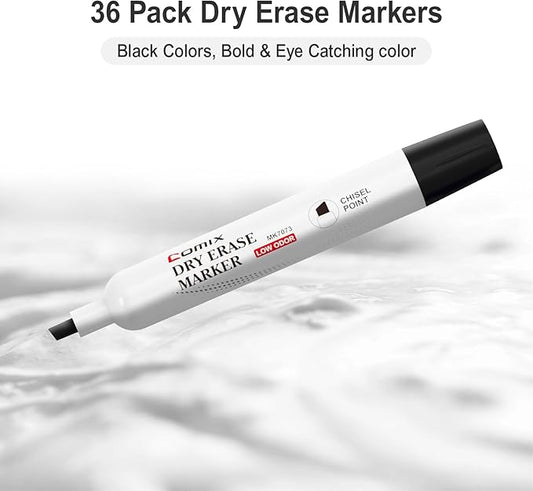 Comix Low Odor Dry Erase Markers, 12 Bulk Black Color Whiteboard Markers, Chisel Tip Thick Markers for Kids Teachers