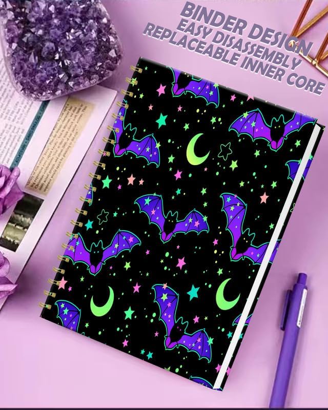 iampanda Spiral Journal Notebook,Strong Twin-Wire Binding with Premium Paper for Women,60 Sheets B5 College Ruled Notebook/Journal,Perfect for School Office Work,Purple Bats Star