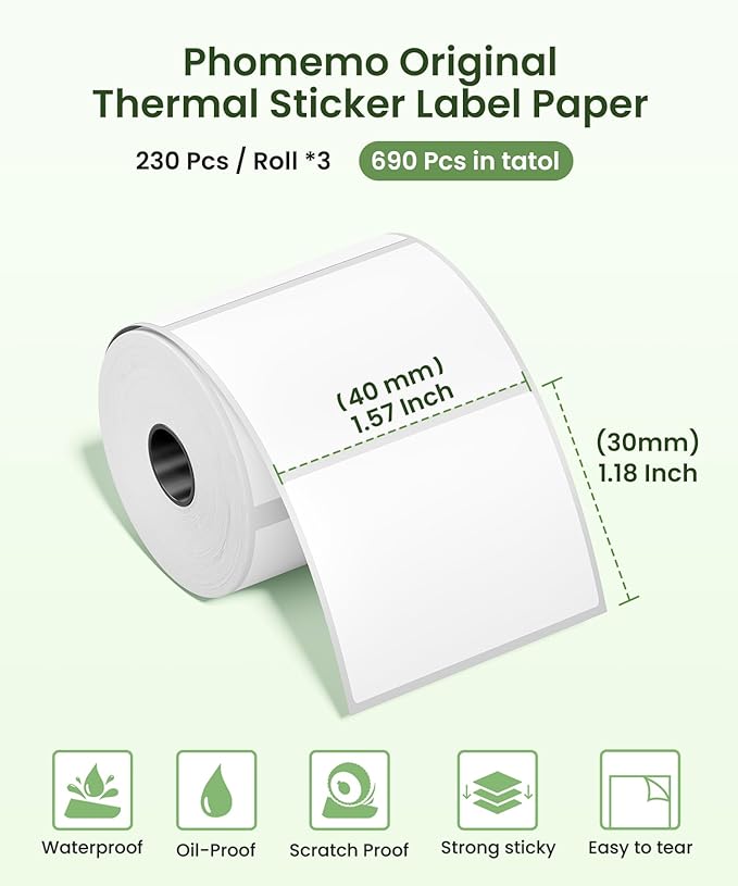 Phomemo M110 Labels Compatible with Phomemo M110/M120/M200/M220/M221 Label Printer, Multi-Purpose Label Tape Self-Adhesive Thermal Paper, Black on White, 1.57"x1.18" (40x30mm) 690 Labels/3Roll