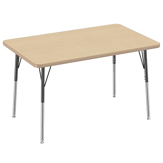 FDP Rectangle Activity School and Office Table (30 x 48 inch), Standard Legs with Swivel Glides, Adjustable Height 19-30 inches - Maple Top and Maple Edge