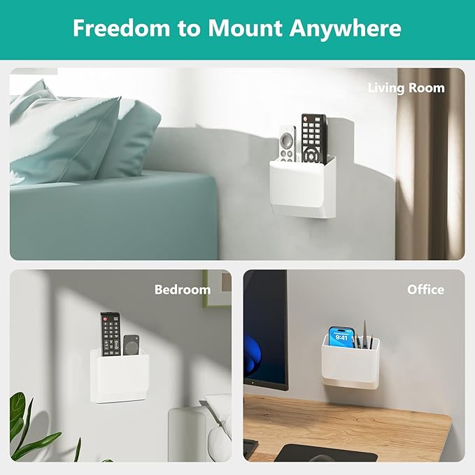 WALI Remote Control Holder Wall Mount, TV Remote Wall Holder Pocket, Bedside Shelf, 5 Inch Hole-Free, for 2 or 3 Media Controls (WMH001-W)