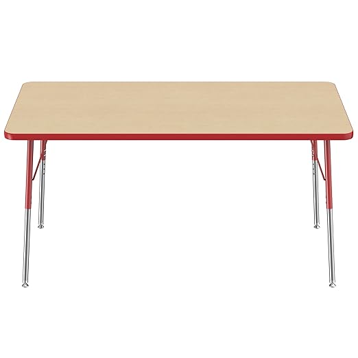 FDP Rectangle Activity School and Office Table (36 x 60 inch), Standard Legs with Swivel Glides, Adjustable Height 19-30 inches - Maple Top and Red Edge