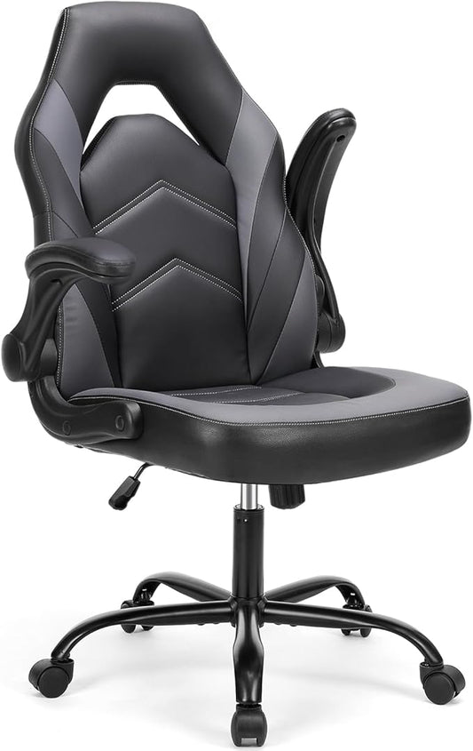 DUMOS Gaming Ergonomic Office Chair for Adults, Height Adjustable Computer Desk Chair with Flip-up Armrests, PU Leather Swivel Video Game Chair with 360° Rolling Wheels, Grey