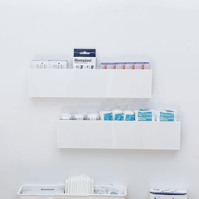 4 Pack Adhesive Storage Organizer for Wall and Cabinet, Plastic Holder for Kitchen, Pantry, Home Office Supplies, Marker Pen, Remote Control, Locker and Bathroom Accessories, White