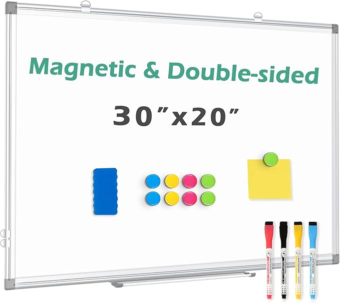 Double-Sided Magnetic White Board, 20"x30" Dry Erase Whiteboard for Wall with Aluminum Frame Presentation Board for School, Office and Home