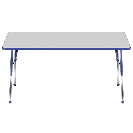 FDP Rectangle Activity School and Office Table (30 x 60 inch), Standard Legs with Ball Glides, Adjustable Height 19-30 inches - Gray Top and Blue Edge