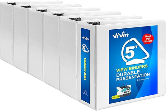 ViVin Durable 5 inch D Ring View Binder, Large 5" Slant-D Ring with 950-Sheet Capacity, Fit 8.5" x 11" Paper, 6 Pack(White)