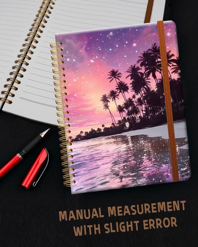 Ruled Spiral Writing Notebook,A5 Hardcover Lined College Journal for Women Girl,Strong Twin-Wire Binding with Premium Paper,8.4" X 6",Perfect for School,Office(Palm Tree Tropical Night Beach)