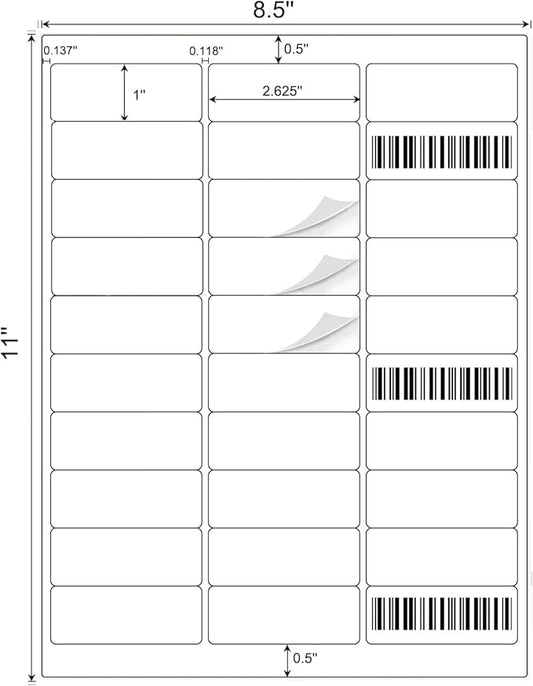 1" x 2-5/8" Shipping Address Labels 1500 Label Stickers Paper for Laser/Inkjet Printer 30 per Page Printable Mailing Labels - Matte, 50 Sheets