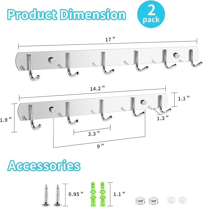 Coat Rack Wall Mount, (2-Pack) 6 Hooks for Hanging, Stainless Steel Wall Hooks