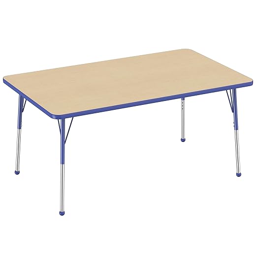 Factory Direct Partners FDP Rectangle Activity School and Office Table (36 x 60 inch), Standard Legs with Ball Glides, Adjustable Height 19-30 inches - Maple Top and Blue Edge