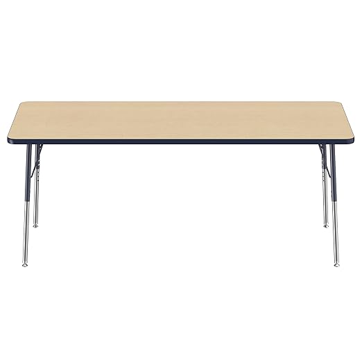FDP Rectangle Activity School and Office Table (30 x 72 inch), Standard Legs with Swivel Glides, Adjustable Height 19-30 inches - Maple Top and Navy Edge