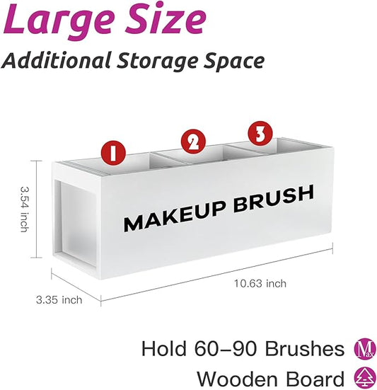 Suli Large Makeup Brush Holder Organizer, Wooden Cosmetic Brushes Storage with 3 Slots, Eyeliners Display Case for Vanity Desktop Bathroom Countertop -White