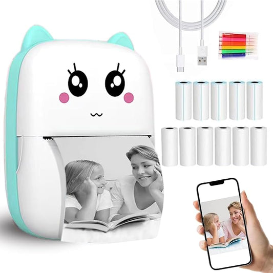 Mini Sticker Printer with 11 Rolls Paper, Inkless Thermal Pocket Receipt for iOS iPhone & Android, Bluetooth Portable for Journal, Photo, Kids Birthday Gifts (Blue)