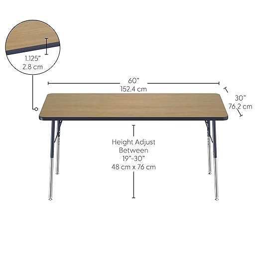 FDP Rectangle (30 x 60 inch) Classroom Table with Adjustable Standard Swivel Glide Legs (19-30 in); School and Office Furniture - Pasadena Oak Top/Navy Edge and Legs