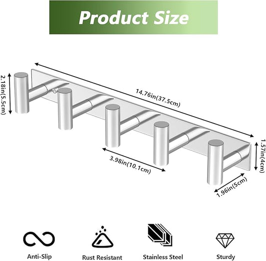 Wall Mounted Coat Rack-5 Hooks, Heavy Duty Stainless Steel Hook Rail for Towel Coat Hat Purse Bag Jacket, Towel Hooks for Entryway Bathroom Kitchen (Glossy 5 Hooks - 1 Pack)