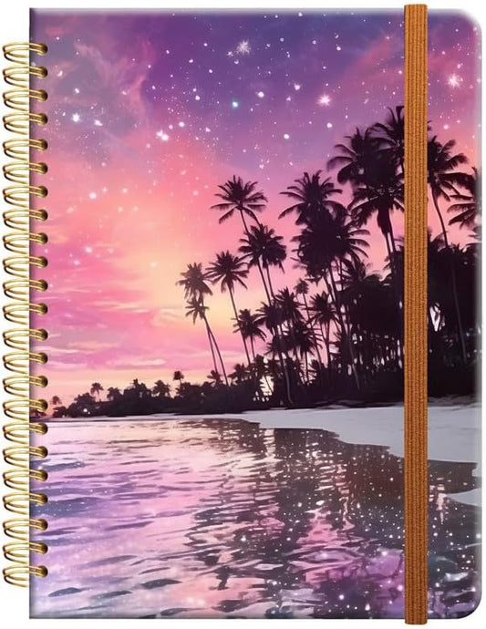 Ruled Spiral Writing Notebook,A5 Hardcover Lined College Journal for Women Girl,Strong Twin-Wire Binding with Premium Paper,8.4" X 6",Perfect for School,Office(Palm Tree Tropical Night Beach)