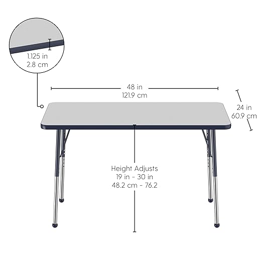 FDP Rectangle Activity School and Office Table (24 x 48 inch), Standard Legs with Ball Glides, Adjustable Height 19-30 inches - Gray Top and Navy Edge