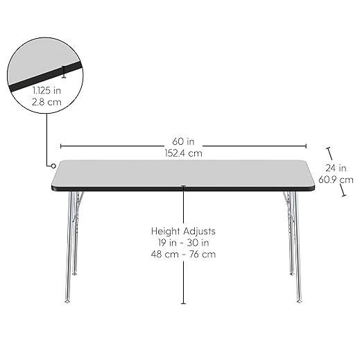 Factory Direct Partners FDP Rectangle Activity School and Office Table (24 x 60 inch), Silver Standard Legs with Swivel Glides, Adjustable Height 19-30 inches - Gray Top and Black Edge