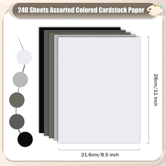 MixTeach 240 Sheets Assorted Gray Cardstock Paper 8.5 x 11" Medium Thick Card Stock 180gsm/65lb Printable Black White Kraft Paper for Scrapbooking, Card Making, Invitations, DIY Art Craft Supplies