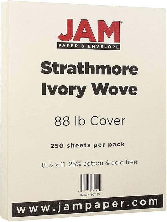 JAM PAPER Strathmore 88lb Cardstock - 8.5 x 11 Coverstock - 237 gsm - Ivory Wove - 25% cotton - 250 Sheets/Ream
