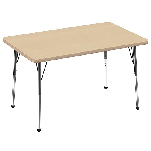 FDP Rectangle Activity School and Office Table (30 x 48 inch), Standard Legs with Ball Glides, Adjustable Height 19-30 inches - Maple Top and Maple Edge