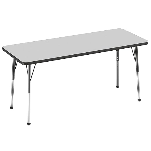 FDP Rectangle Activity School and Office Table (24 x 60 inch), Standard Legs with Ball Glides, Adjustable Height 19-30 inches - Gray Top and Black Edge