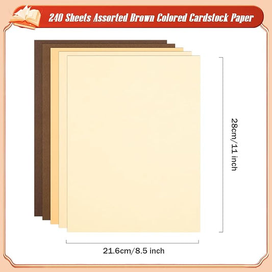 MixTeach 240 Sheets Assorted Brown Cardstock Paper 8.5 x 11" Medium Thick Card Stock 180gsm/65lb Printable Kraft Paper for Boho Themed Scrapbooking, Card Making, Invitations, DIY Art Craft Supplies