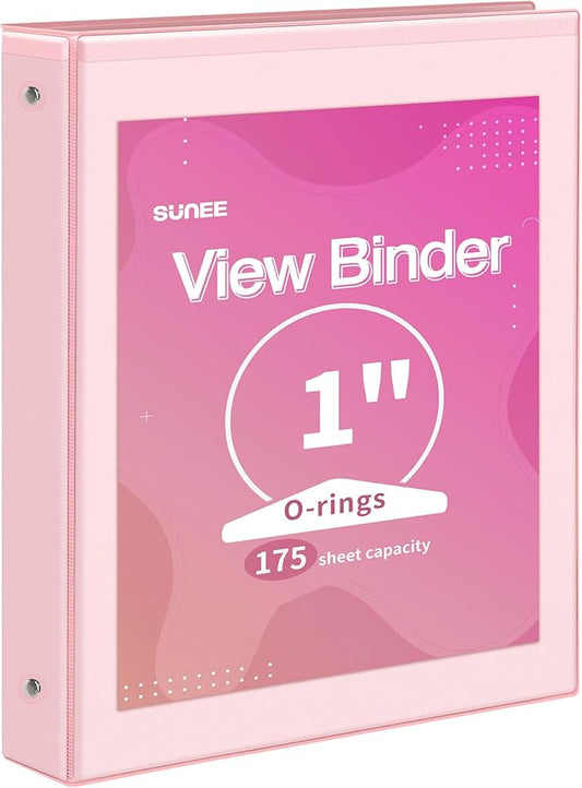 SUNEE 3 Ring Binder 1 Inch 1 Pack, Clear View Binder Three Ring PVC-Free (Fit 8.5x11 Inches) for School or Office Supplies, Pink