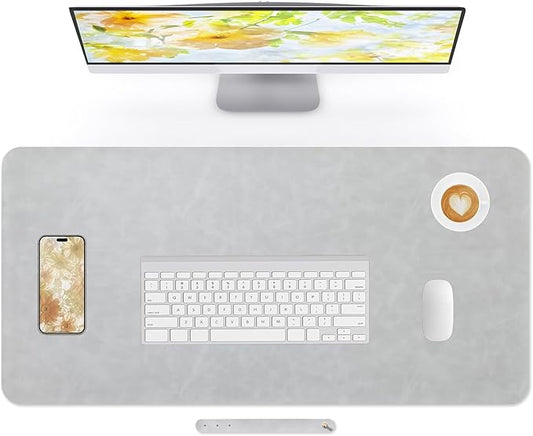 Crazy Horse Leather Desk Mat Large Mouse Pad Laptop Desk Pad Waterproof Non-Slip Table Blotter Desktop Writing Pad for Office and Home (Light Grey, 90x43cm)