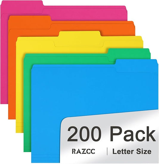File Folder, RAZCC 200 Pack 1/3 Cut Tab Colored Folders, Colored File Folder Letter Size for Office Classroom Use, Folders with Tabs Assorted 5 Colors