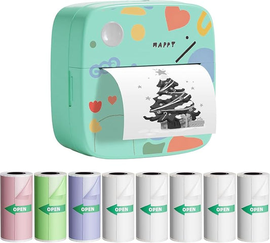 Wireless Printer with 9 Rolls Thermal Paper, Bluetooth Portable Thermal Printer Compatible with iOS & Android, Pocket Inkless Mini Sticker Printer, Label Maker Machine for Study, Journal, Memo, Green