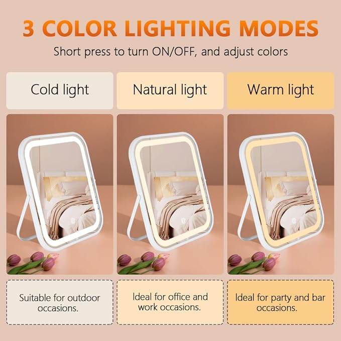 Rechargeable Vanity Mirror with Lights,8x10 Inch 3 Color Lighting Portable Makeup Mirror with Touch Screen Adjustable LED Lights,Desk Mirror for Travel, Home