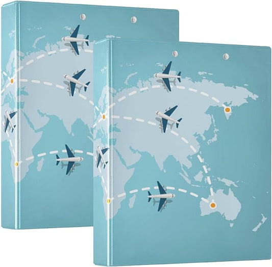 World Map Airplanes Decorative 3 Ring Binder 1.5 Inch Large View Binders with Pockets File Organizer for Office College School, 2 Pack